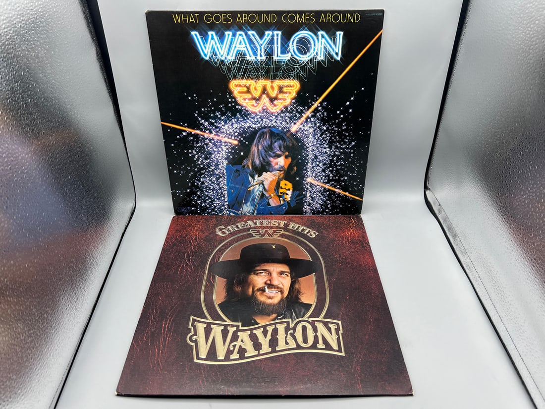 Waylon Jennings (2 LP Lot): What Goes Around Comes Around (1979) and Greatest Hits (1979), embossed (1 of 7)