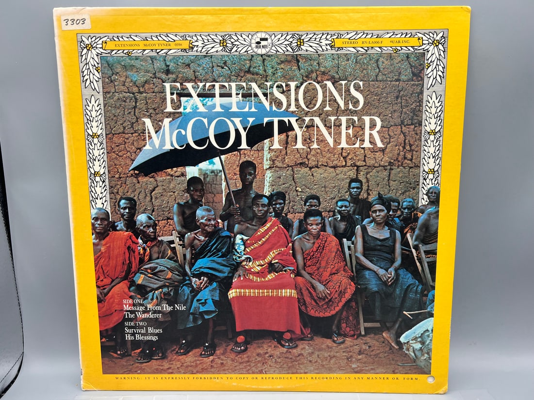McCoy Tyner: Extensions (1972), Blue Note Label, promo hole in cover, previous owner catalog sticker: McCoy Tyner: Extensions (1972), Blue Note Label, promo hole in cover, previous owner catalog sticker in upper left corner of cover