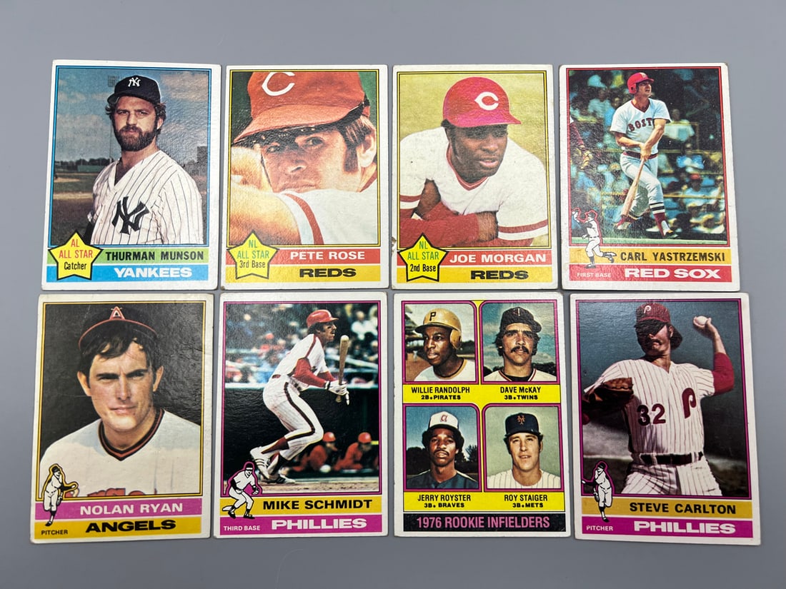 Lot of (8) 1976 Topps Baseball - Willie Randolph RC, Pete Rose, Nolan Ryan, Steve Carlton, Yaz,: Lot of (8) 1976 Topps Baseball - Willie Randolph RC, Pete Rose, Nolan Ryan, Steve Carlton, Yaz, Schmidt - Varying Conditions