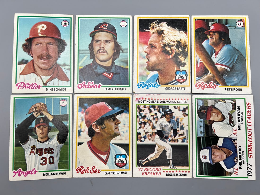 Lot of (8) 1978 Topps Baseball Star Player Cards - Varying Conditions - Pete Rose, Nolan Ryan,: Lot of (8) 1978 Topps Baseball Star Player Cards - Varying Conditions - Pete Rose, Nolan Ryan, Reggie Jackson