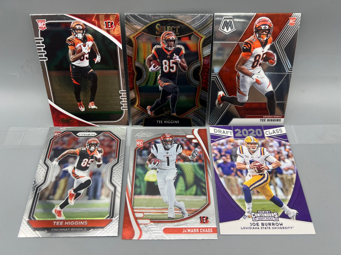 Lot of (6) Cincinnati Bengals Star Player Rookie Cards - Varying Conditions - Tee Higgins, Joe: Lot of (6) Cincinnati Bengals Star Player Rookie Cards - Varying Conditions - Tee Higgins, Joe Burrow, JaMarr Chase