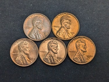 1951-D, 1954-D+S, 1955-D, 1956-D Red BU Lincoln Wheat Cents
