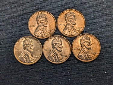 (5) 1956-D Red BU Lincoln Wheat Cents