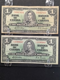 (2) Canada 1937 $1 Notes - Gordon/Towers