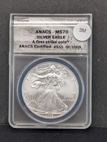 2009 Gem Brilliant Uncirculated Silver American Eagle First Strike Graded MS70 By ANACS Grading Co.