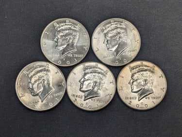 (5) 2001-D Clad Kennedy Half Dollars Uncirculated From Canvas Mint Bag