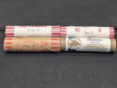 4 Paper Tight Wrapped rolls of 2009 Lincoln Cent Varieties: Professional Life P/D and Presidential