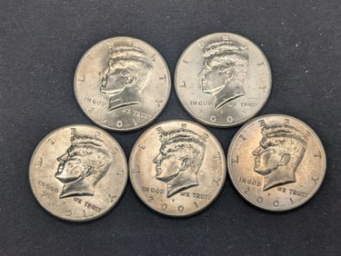 (5) 2001-P Clad Kennedy Half Dollars Uncirculated From Canvas Mint Bag