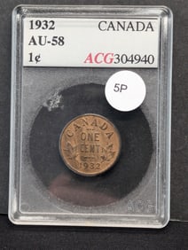 1932 Canadian One Cent ACG Slabbed AU58