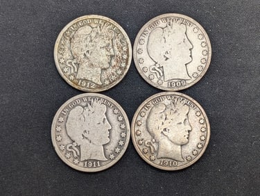 1909-S 1910-S 1911 1912-S United States Barber Half Dollars.  4 Coins.