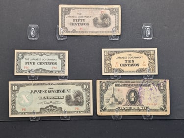 1943 Japan 5, 10, 50 Centavos And 1, 10 Pesos Philippines WWII Military Invasion Currency.  5 Notes.