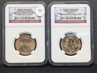 Two Brilliant Uncirculated 2007 Presidential Dollars Graded By NGC Grading Co.  3rd & 4th