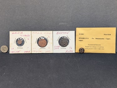 Assortment Of 5 Ancient Coins.  Pre Muhammaden, Mandive Islands, Bhutan 1/2 Rupee.