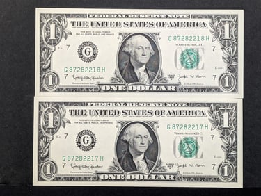 (2) Crisp Consecutive 1963-B $1 Green Seal BARR Federal Reserve Notes