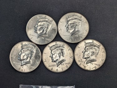 (5) 2010-D Clad Kennedy Half Dollars Uncirculated From Canvas Mint Bag