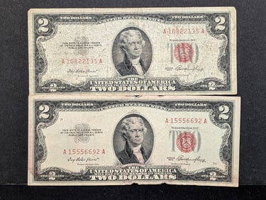 Two 1953 $2 Red Seal United States Notes.  Portraits Of Thomas Jefferson.  2 Notes.