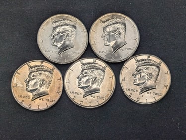(5) 2011-D Clad Kennedy Half Dollars Uncirculated From Canvas Mint Bag