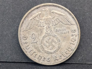 1938-A Germany 2 Mark- XF- 62.5% Silver- Historic Symbol