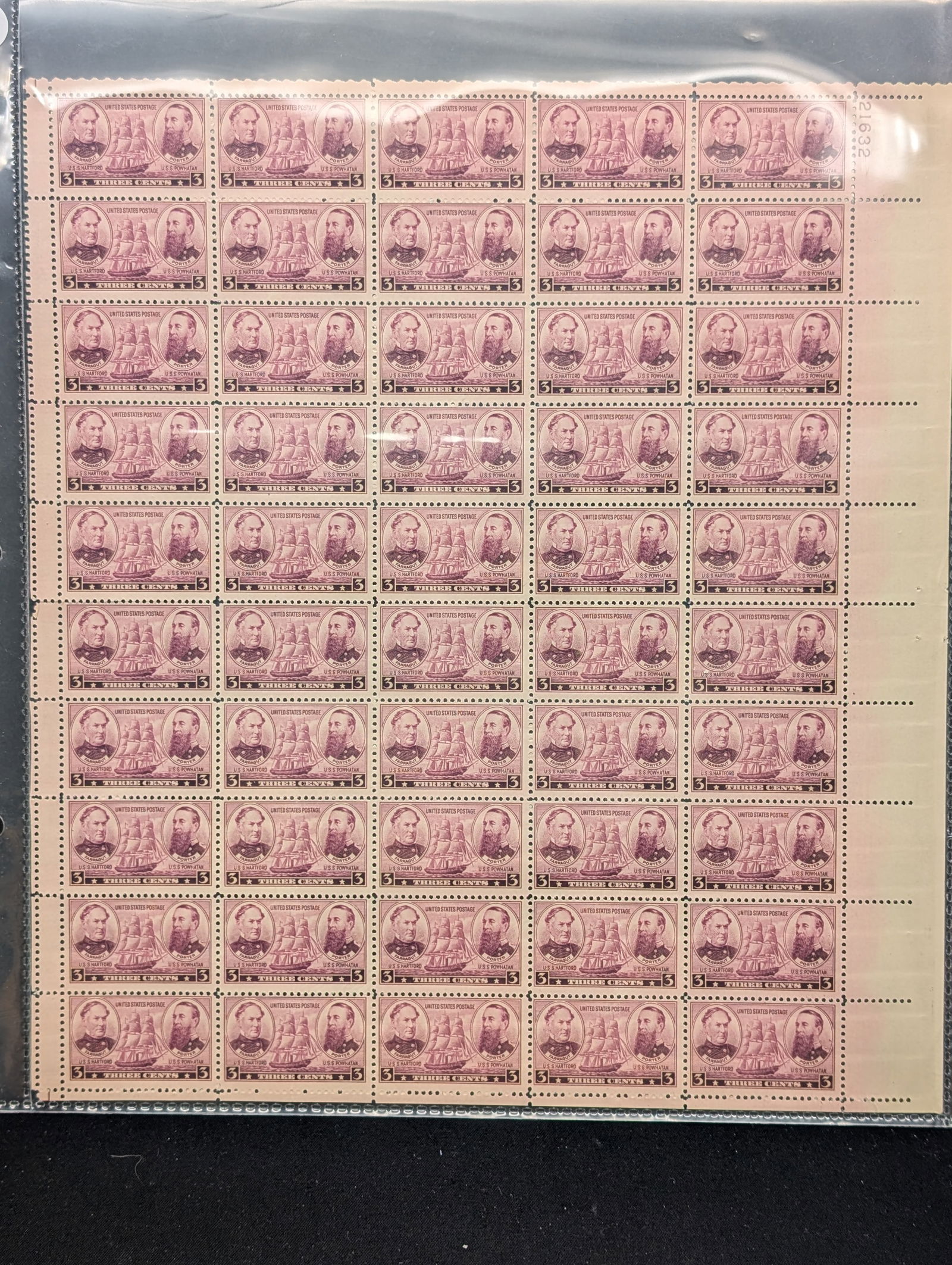 1937 Army & Navy: Farragut & Porter 3-Cent Sheet Of 50 U.S. Stamps.  Scotts # 792.  Plate Block # (1 of 2)