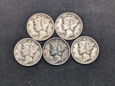 (2) 1941-P, (2) 1941-S, (1) 1942-P Silver Mercury Dimes