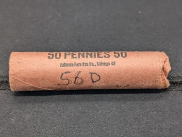 1956-D Brilliant Red Uncirculated Roll Of Lincoln Wheat Cents In Original Federal Reserve Roll.