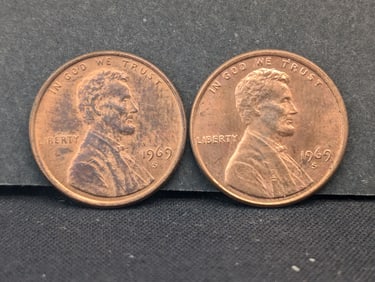 (2) 1969-S Red UNC Double Die Lincoln Memorial Cents