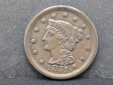 1851 Braided Hair Large Cent. Medium Brown Nice XF.