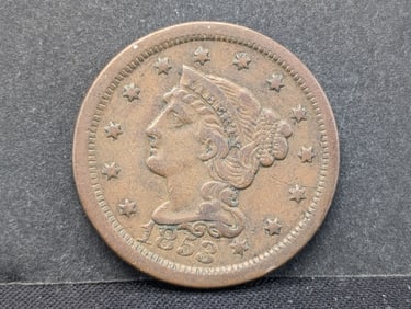 1853 Braided Hair Large Cent. Medium Brown VF.