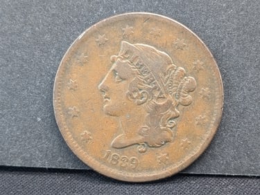 1839 Braided Hair Large Cent. The famous ?Booby Head.? Nice medium brown VF. Pretty coin.