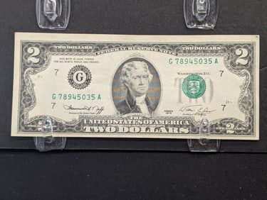 1976 $2 Fed Res Note w/misaligned 3rd overprint - Serial numbers & seals too high
