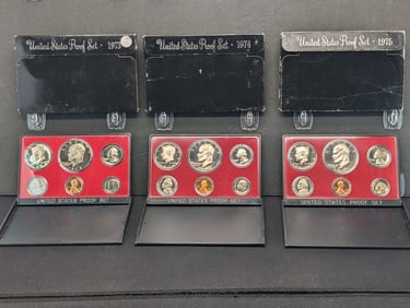 1973-S 1974-S 1975-S United States Proof Sets With Original Government Packaging.  18 Coins.