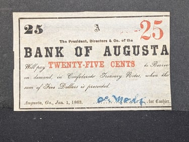 Jan 1, 1864 Bank of Augusta Ga 25 Cent note.  Choice Crisp Uncirculated. Issued on previously