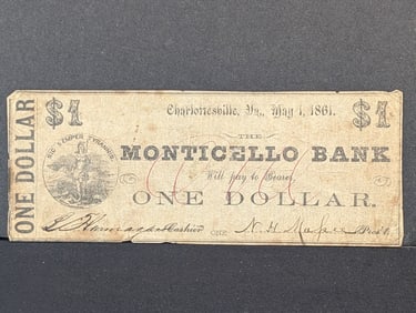 1861 $1 note from the Monticello Bank of Charlottesville VA. Very Fine. Signed.