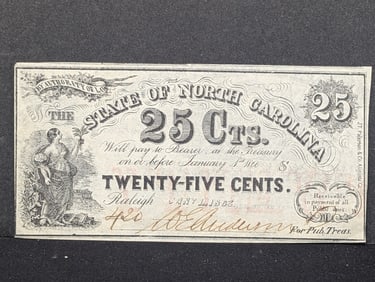 1863 State of North Carolina 25 Cent note. Signed and issued. Choice Crisp Unc.