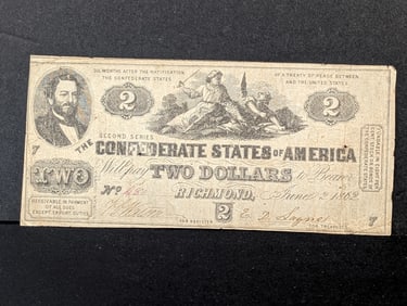 1862 Confederate States $2. Type 42 in Fine. Nice note that was issued in Richmond. Very scarce.
