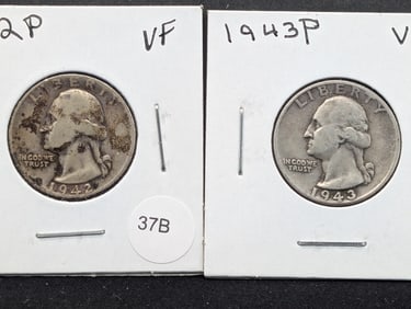 1942-D + 1943 90% Silver Washington Quarters- Both VF