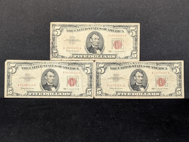 Three 1963 $5 Red Seal United States Notes.  Portraits Of Abraham Lincoln.  3 Notes.