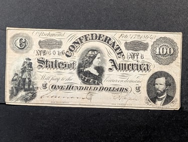 1864 Confederate States $100. The famous Lucy Pickens note. Nice VF.  Scarce and in high demand.