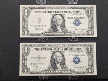 DOUBLE ERROR - (2) 1935-C $1 Silver Certificates - Misaligned 3rd Overprint & Misaligned Reverse -