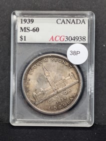 1939 Canadian Silver Dollar ACG Slabbed MS60