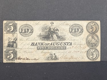 1858 Bank of Augusta Ga $5 note. Almost New.