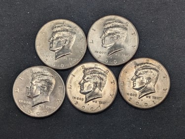 (5) 2001-P Clad Kennedy Half Dollars Uncirculated From Canvas Mint Bag