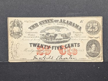 Jan 1, 1863 Bank of Alabama 25 Cent note. XF.
