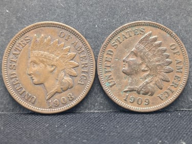 1908 (Full Liberty, 2 Diamond & Beads) + 1909 (Full Liberty, 3 Diamonds & Beads) Indian Head Cents
