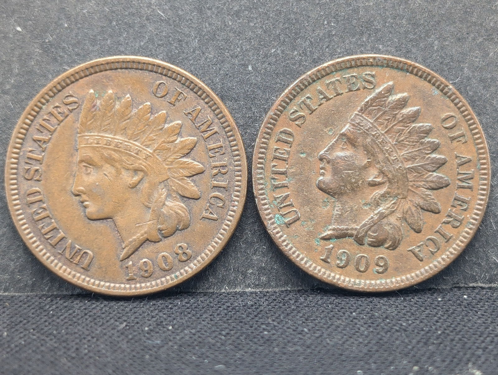1908 (Full Liberty, 2 Diamond & Beads) + 1909 (Full Liberty, 3 Diamonds & Beads) Indian Head Cents (1 of 2)