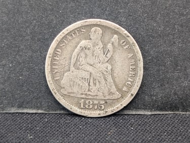 1875-CC United States Seated Liberty Dime.  CC Above Wreath.  Vintage Type Coin.