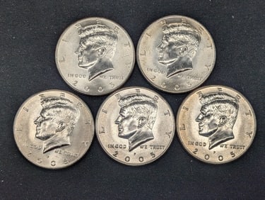 (5) 2005-P Clad Kennedy Half Dollars Uncirculated From Canvas Mint Bag