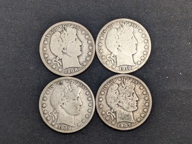 1907-D 1908-D 1909-S 1910-S United States Barber Half Dollars.  4 Coins.