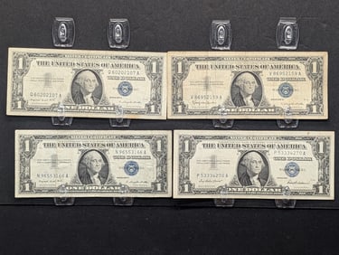 1957, (2) 1957-A, 1957-B $1 Blue Seal Silver Certificates.  Busts Of George Washington.  4 Notes.