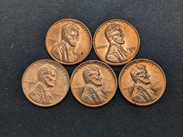 (5) 1955-D Red BU Lincoln Wheat Cents